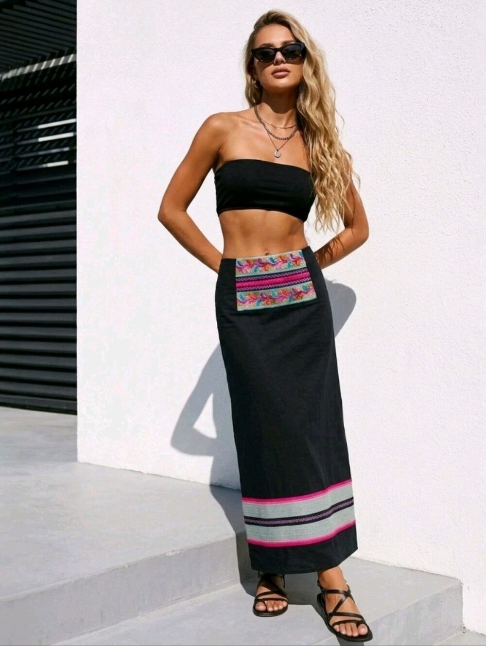 Promod Boho Embroidered Maxi Skirt Black Pink Festival Y2K Ibiza Size 6 Vacation